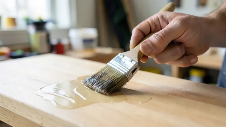 Brushing clear Polycrylic wood finish onto a wood tabletop with a synthetic bristle brush