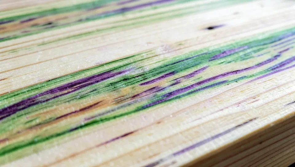 Poplar wood grain with natural green and purple mineral streaks