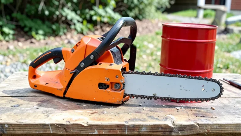 Chainsaw next to a fuel can and 2-cycle engine oil bottle