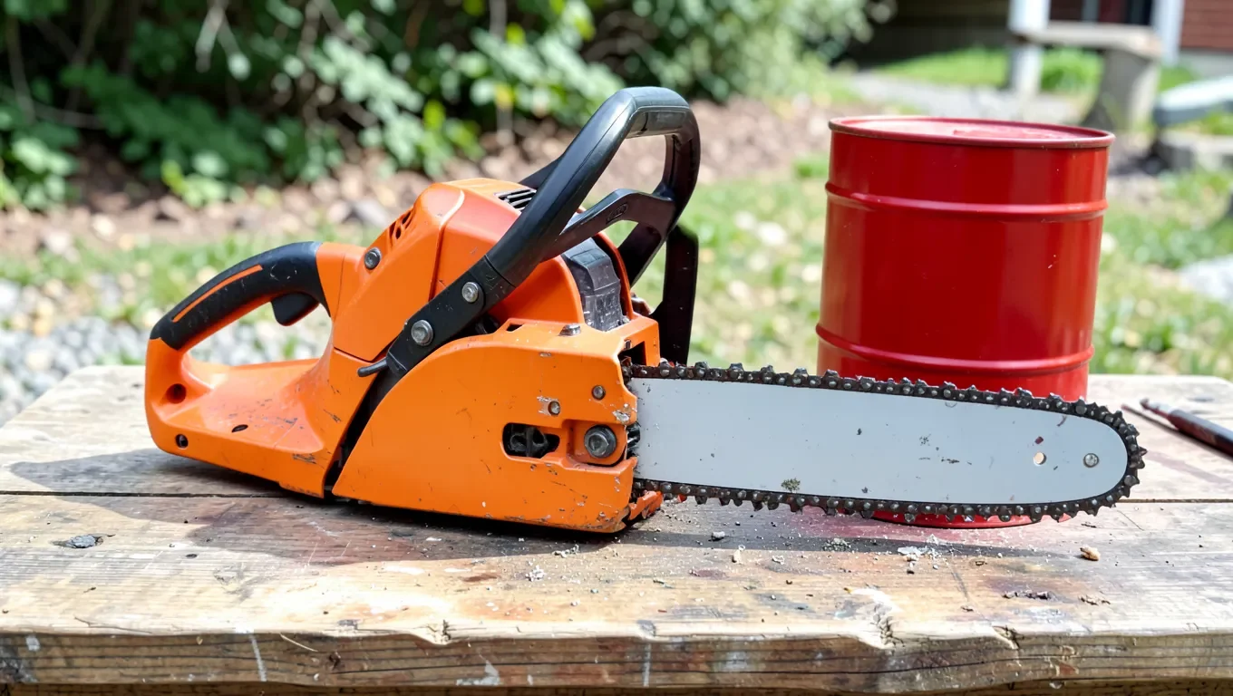 Chainsaw next to a fuel can and 2-cycle engine oil bottle