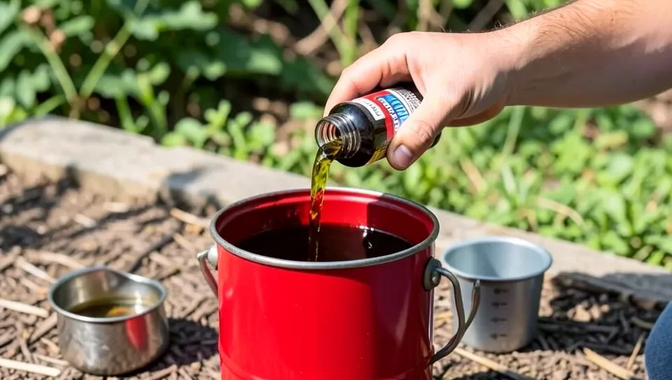 Pouring 2-cycle oil into a fuel mixing can for chainsaw fuel
