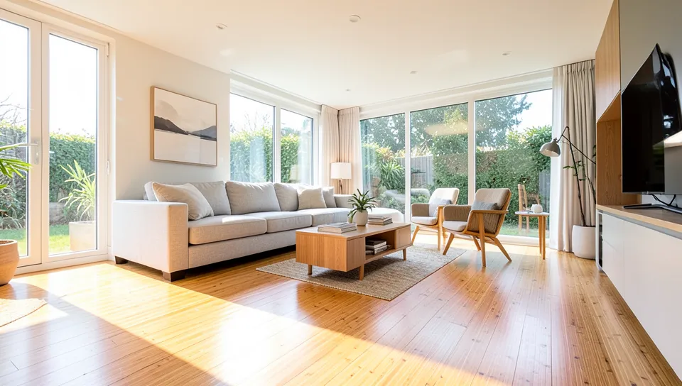 Bright modern living room with prefinished bamboo hardwood flooring