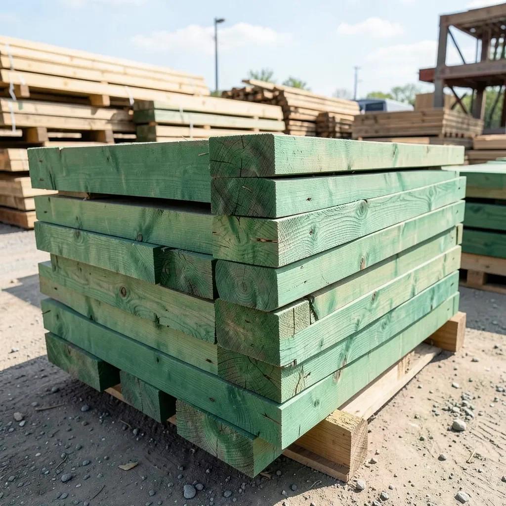 Stack of pressure-treated 4x4 and 6x6 posts at a lumberyard