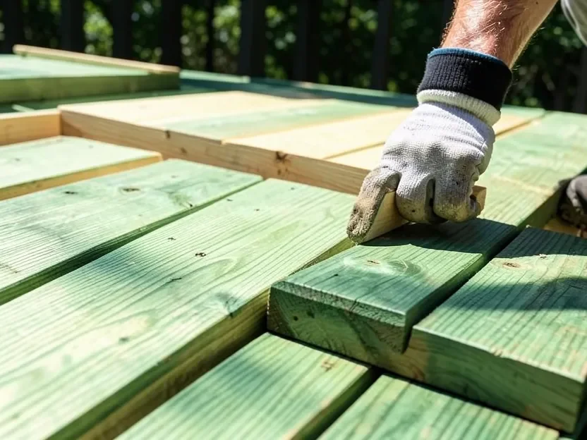 Worker installing green-tinted pressure-treated lumber deck boards outdoors