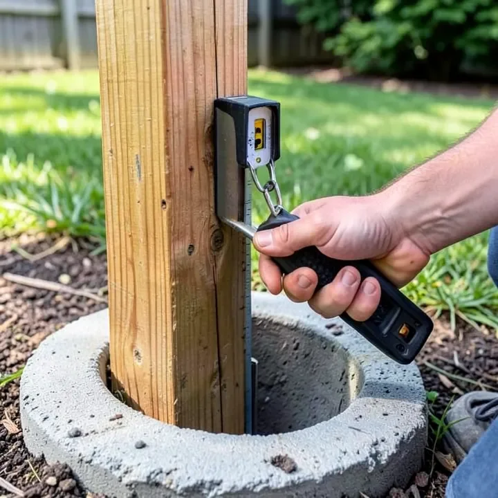 Setting a pressure-treated post plumb into a concrete footing