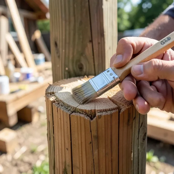 Applying clear sealant to the freshly cut end of a pressure-treated post