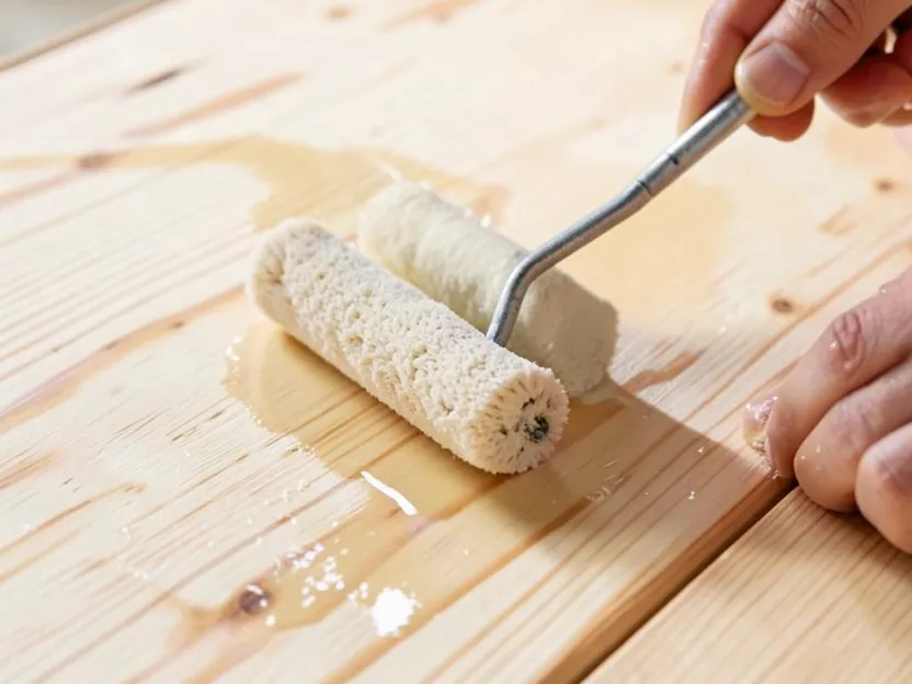 Applying stain-blocking primer to a sanded plywood floor before painting