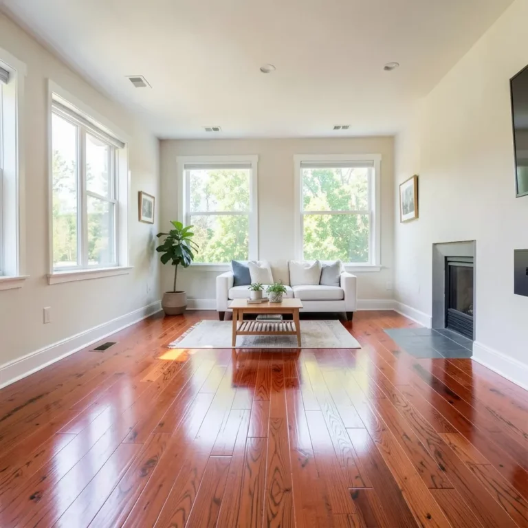 Living room with warm reddish-brown red oak hardwood flooring