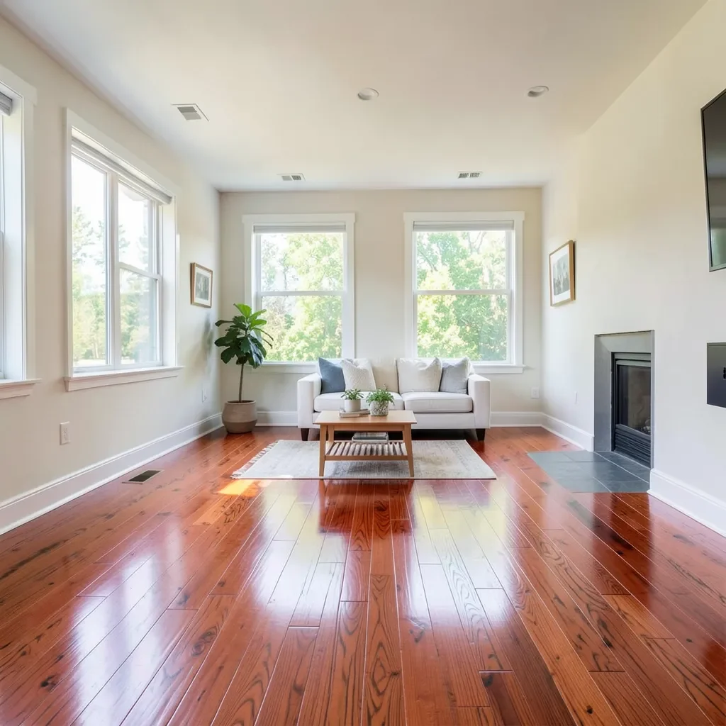 Living room with warm reddish-brown red oak hardwood flooring