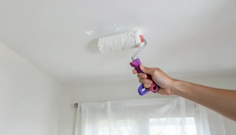 Applying mold-killing primer to a bathroom ceiling with a roller
