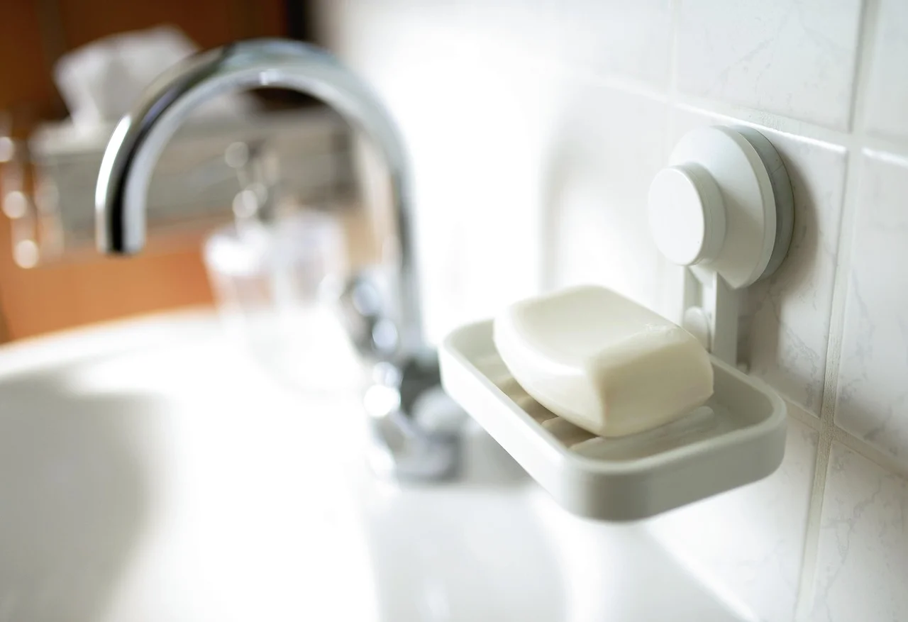 Bar of soap on a bathroom sink dish