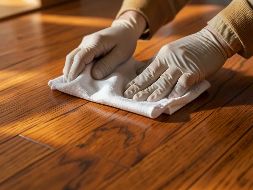Wiping excess Rubio Monocoat and accelerator mixture off a hardwood floor