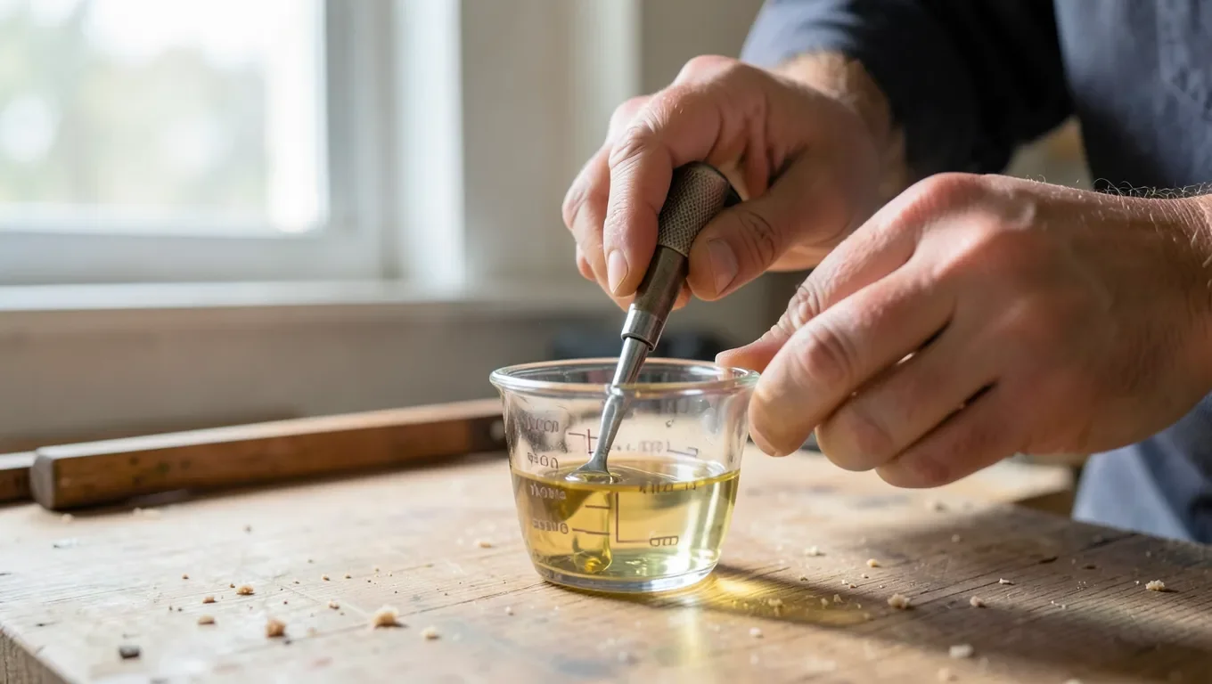 Woodworker mixing Rubio Monocoat oil and accelerator in a measuring cup before applying to wood