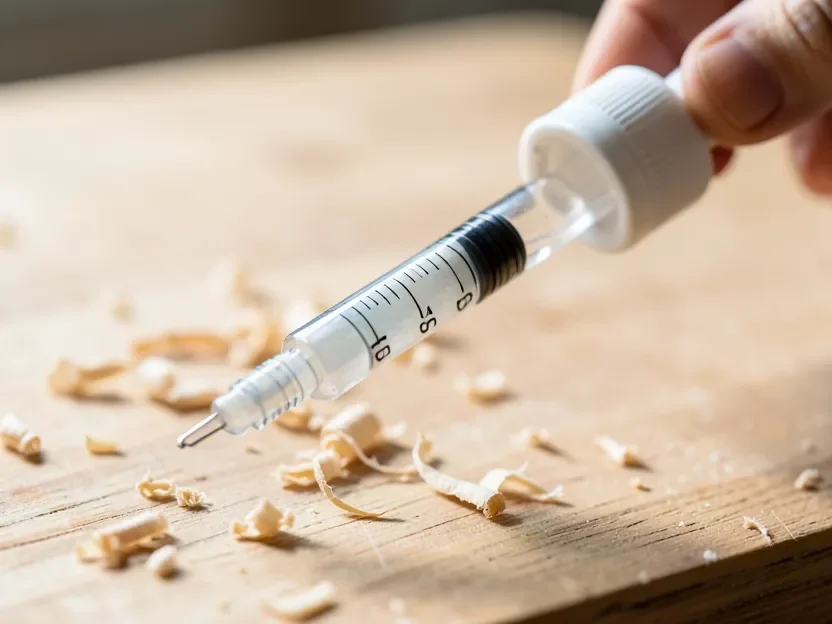Graduated syringe measuring a precise amount of Rubio Monocoat accelerator