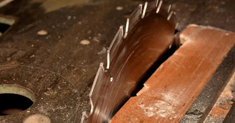 Close-up of a table saw blade cutting through wood, representing Ryobi table saw replacement and upgrade parts