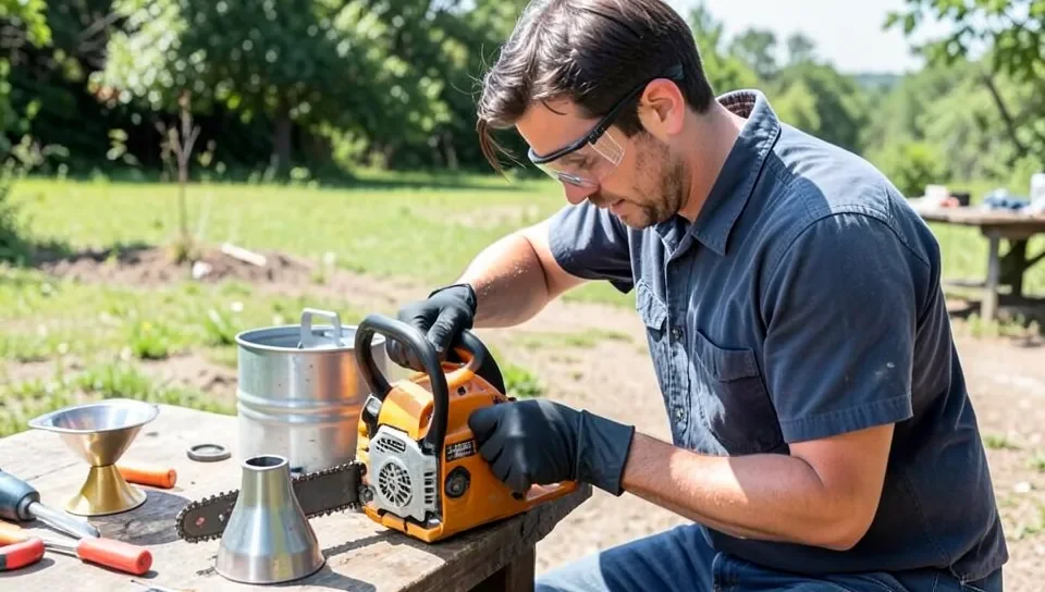 Wearing safety glasses and gloves while mixing chainsaw fuel outdoors