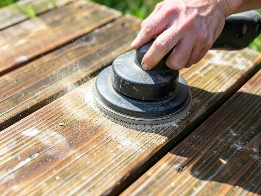Orbital sander scuffing an old stain finish before priming