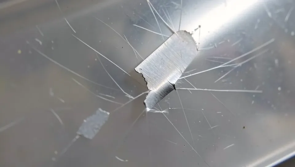 Deep scratches on plastic left by a metal scraper