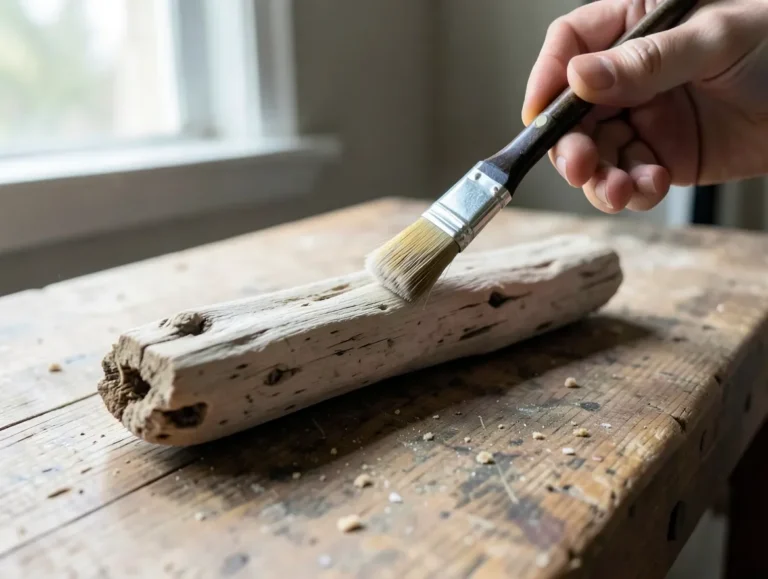Applying clear sealer to a weathered piece of driftwood with a paintbrush