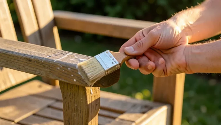 Applying clear sealant to an outdoor wooden chair with a brush