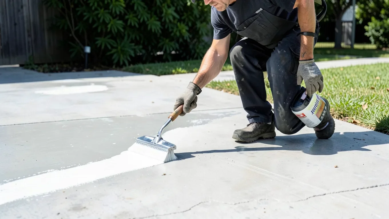 Rolling sealer onto a painted concrete driveway