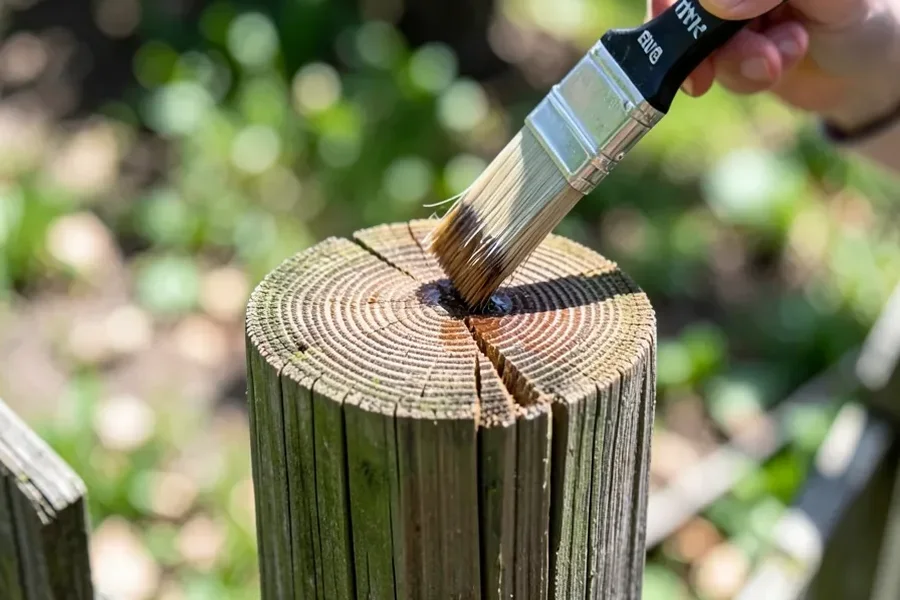 Paintbrush applying sealer directly to the exposed end grain on top of a wooden fence post