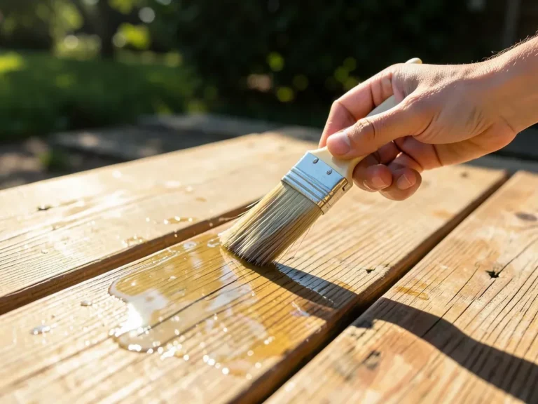 Hand applying clear exterior wood sealer with a paintbrush to a sunlit deck board