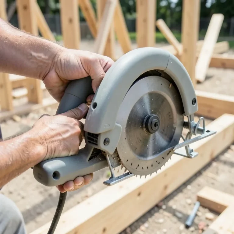 A worm drive circular saw held at a job site, the tool style most associated with the Skilsaw brand