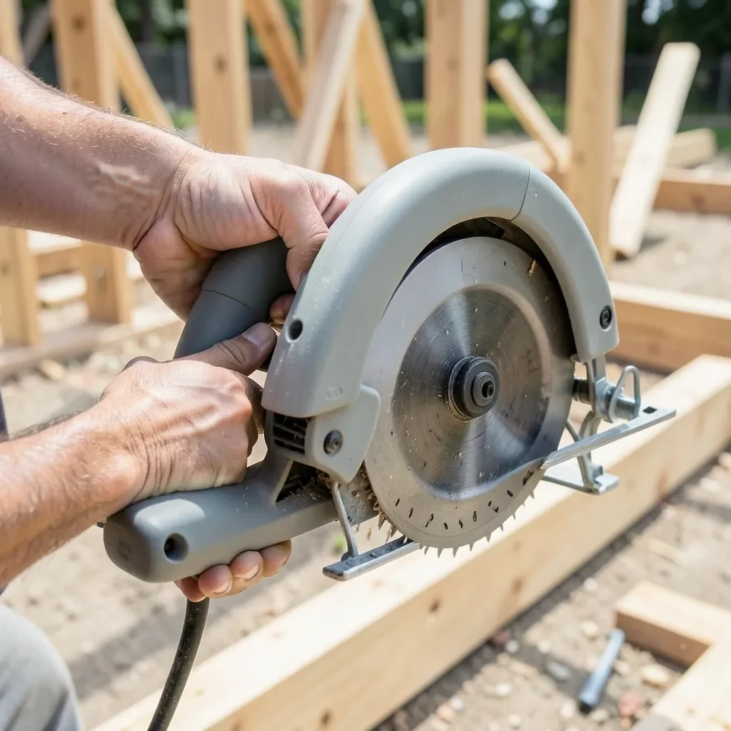 A worm drive circular saw held at a job site, the tool style most associated with the Skilsaw brand