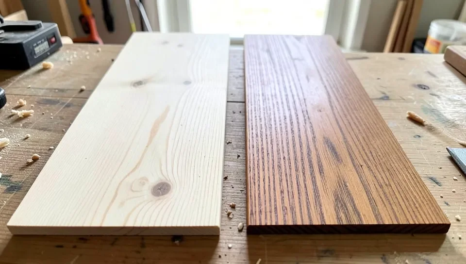 Pine softwood board next to an oak hardwood board on a workbench for comparison