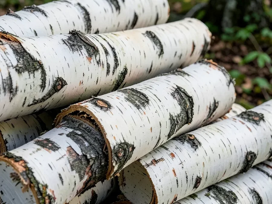 Stacked birch logs with distinctive white peeling bark