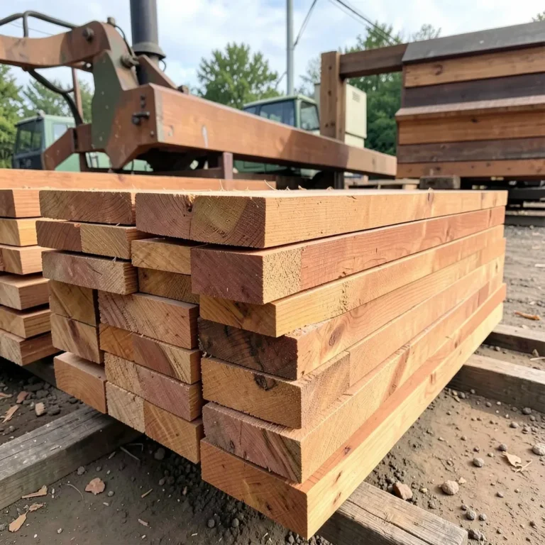 Stack of rough-cut cedar lumber boards at a sawmill
