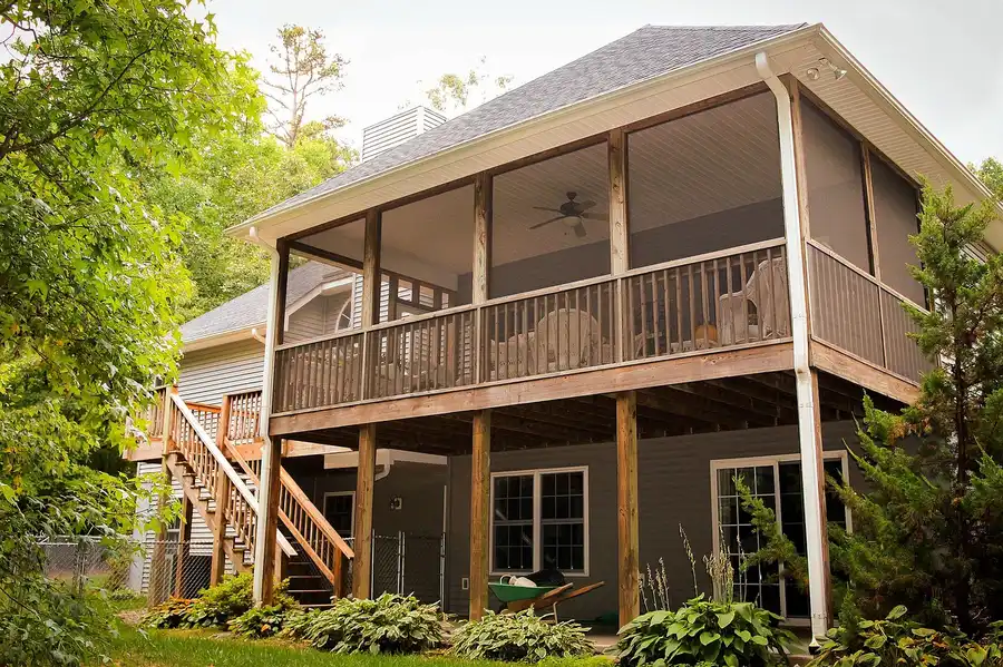 Stained wood deck and porch showing a durable exterior finish