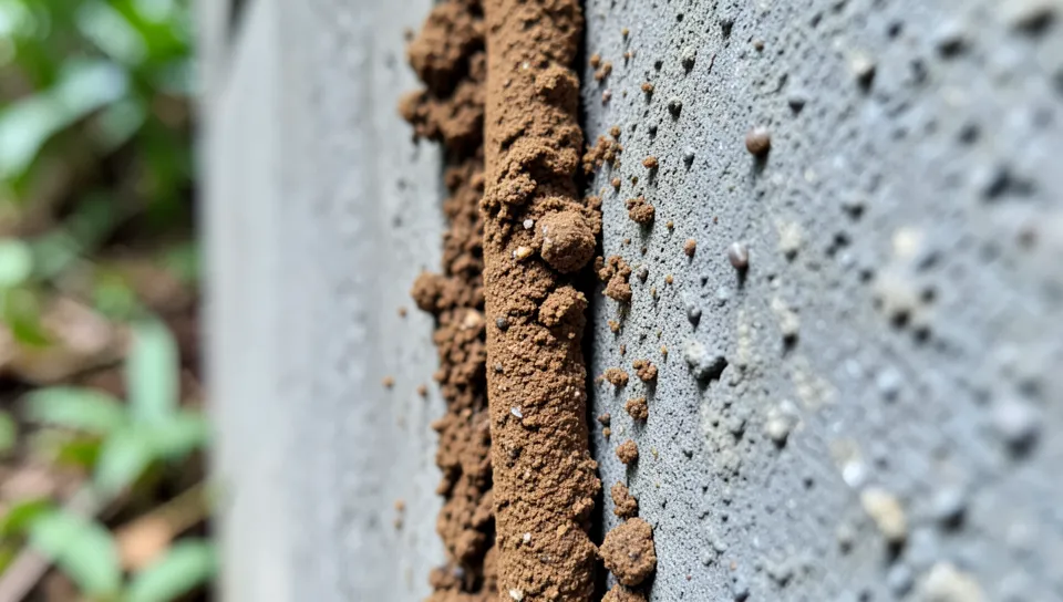 Close-up of termite mud tubes running up a foundation wall