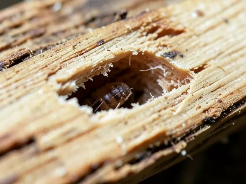 Close-up of termite tunnel damage in wood showing chewed cellulose fibers