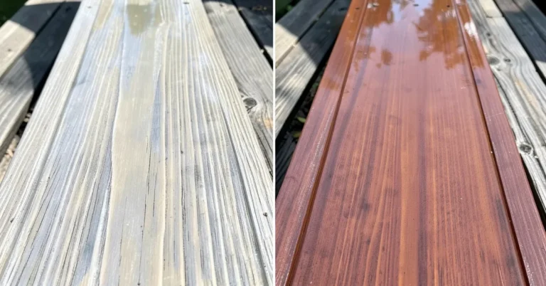 Side-by-side deck boards showing transparent stain versus semi-transparent reddish-brown stain