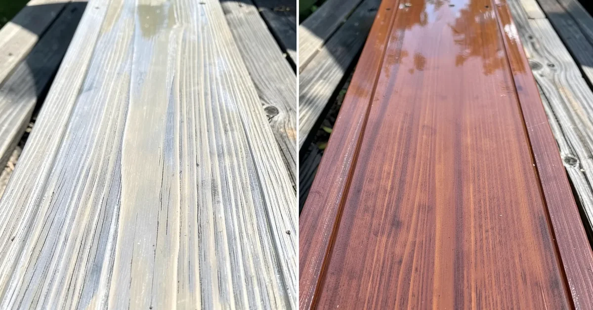 Side-by-side deck boards showing transparent stain versus semi-transparent reddish-brown stain