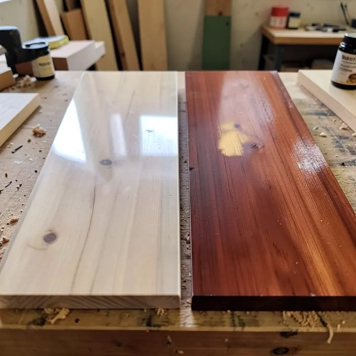 Side-by-side deck boards showing transparent stain versus semi-transparent reddish-brown stain