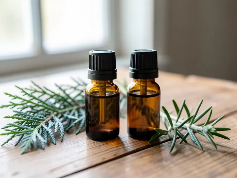 Two amber glass bottles of cedarwood essential oil next to true cedar and juniper branches