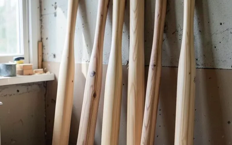 unfinished wood baseball bat blanks with straight grain leaning against a workshop wall unfinished wood baseball bat blanks with straight grain leaning against a workshop wall