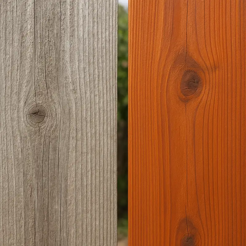 Weathered gray untreated cedar board next to a cedar board sealed with preservative