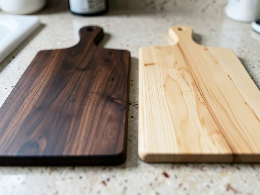 Dark walnut cutting board next to a light maple cutting board, showing the color and grain difference