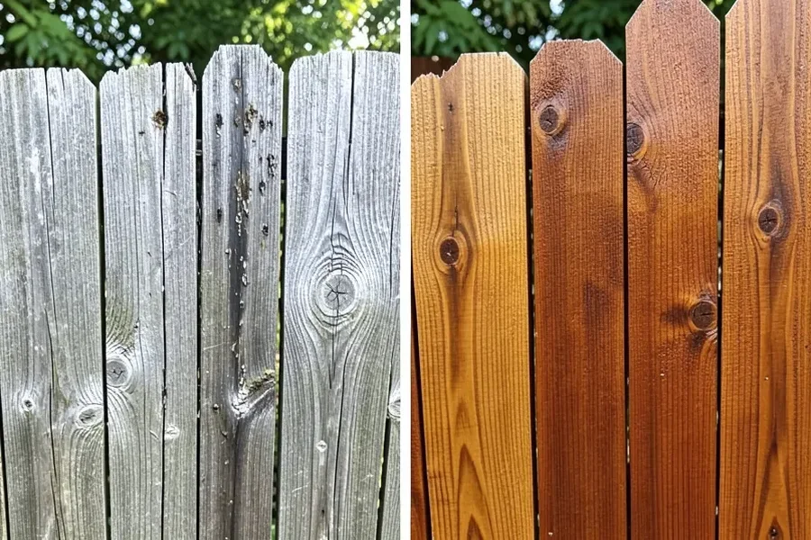 Side-by-side comparison of unsealed wood fence boards turned gray from UV damage next to sealed boards with rich color preserved