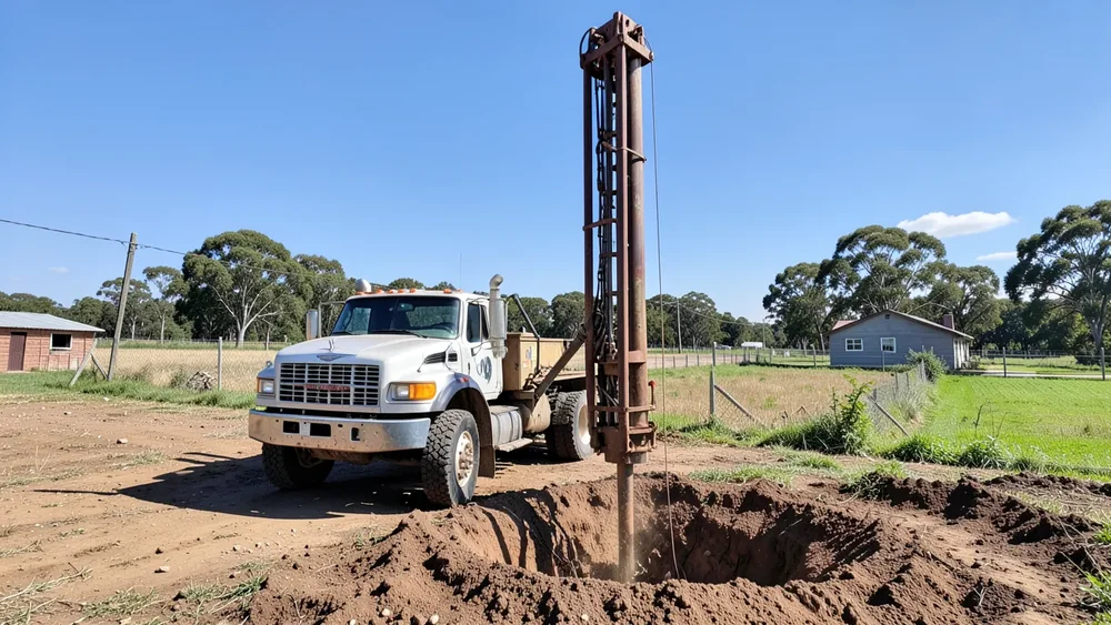 Water well drilling rig truck drilling into the ground