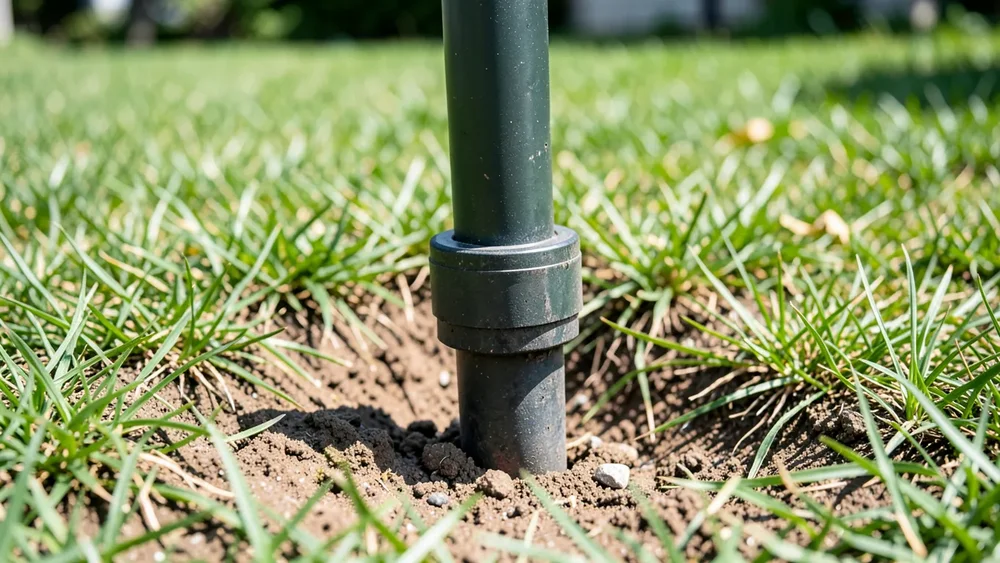 Close-up of a residential well casing pipe in a grassy yard