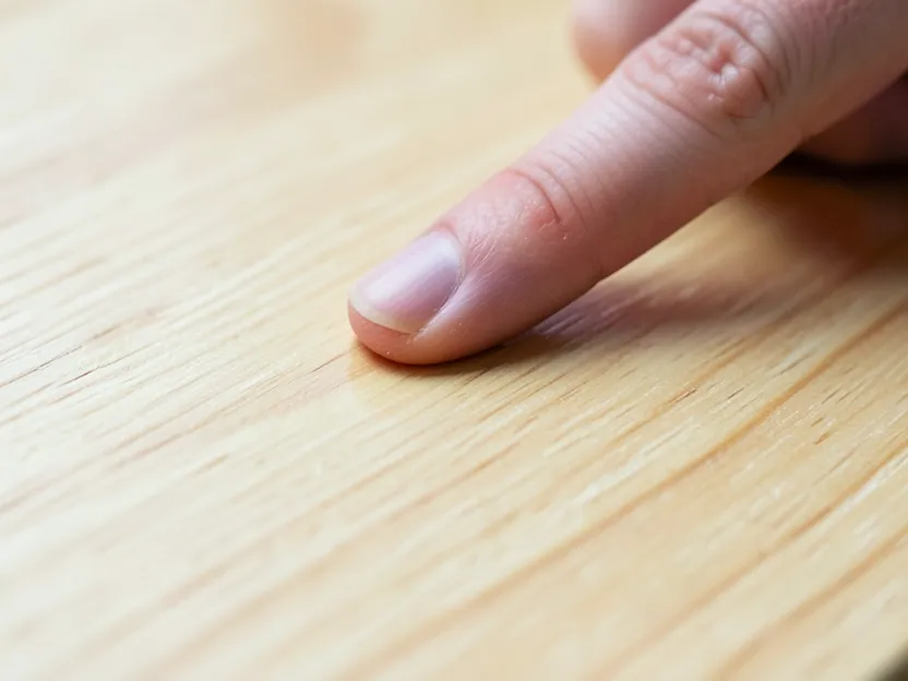 Finger lightly touching a wood surface to test if the finish is dry