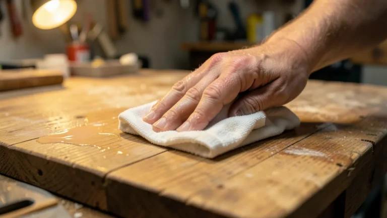 Hand wiping polyurethane finish onto a wood tabletop with a cloth