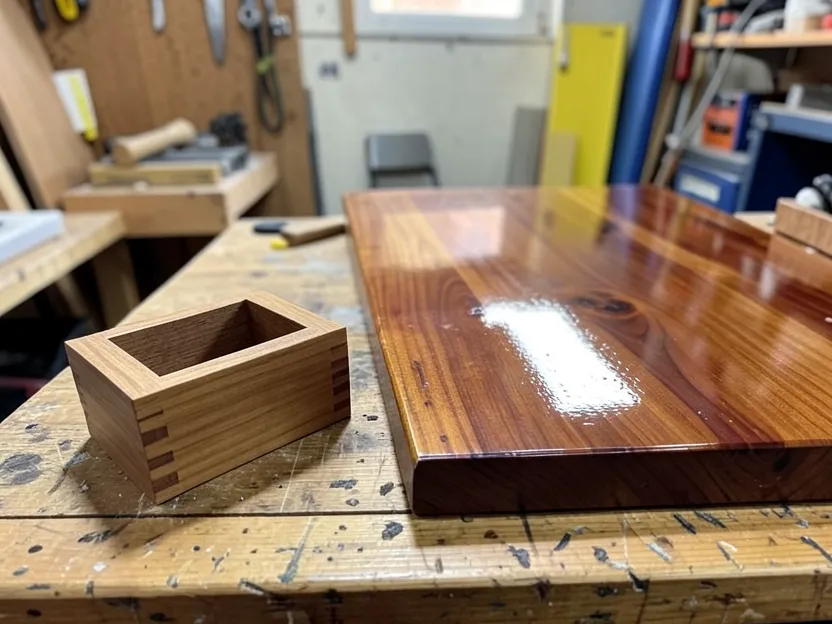 A small finished wooden box and a large wooden tabletop with a glossy polyurethane finish