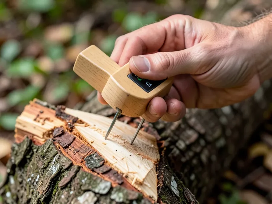 Hand holding a wood moisture meter with pins inserted into a log to test firewood dryness