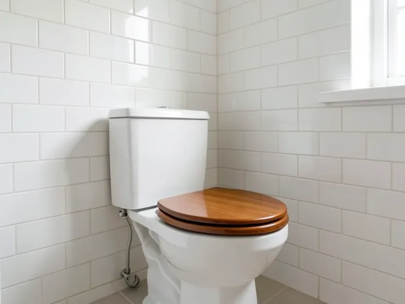 Finished modern bathroom with a glossy wood-tone toilet seat installed